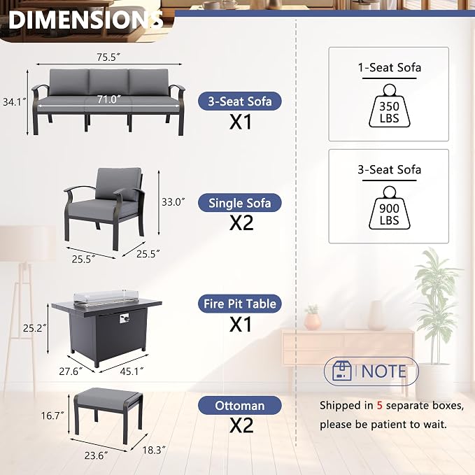 Kurapika Aluminum Patio Furniture Set 5-Seat Modern Metal Outdoor Conversation Sets w/45in Propane Fire Pit Table, w/5.1 Inch Cushion Patio Sectional Sofa with 2 Ottomans, Grey