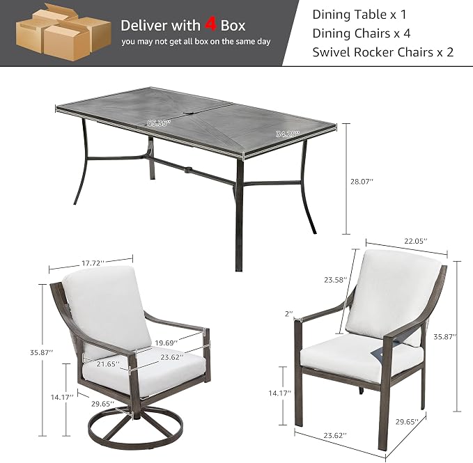 NATURAL EXPRESSIONS 7 Piece Patio Dining Table Outdoor Furniture Set for 6, 4Pcs Fixed and 2Pcs Swivel Patio Dining Chairs with Olefin Cushions, 65”Large Dining Table with Umbrella Hole