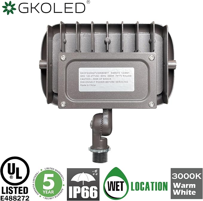 30W LED Floodlight, Outdoor Security Fixture, Waterproof, 100W PSMH Replace, 2700 Lumens, 3000K Warm White, 70CRI, 120-277V, 1/2" Adjustable Knuckle Mount, UL-Listed