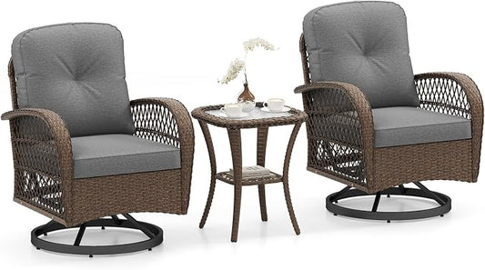 ORALNER 3 Pieces Wicker 360° Swivel Rocker Set Patio Furniture, Rocking Chairs with Cushions, Tempered Glass Coffee Table, Outdoor Rattan Bistro Set for Balcony Front Porch Deck Poolside (Gray)