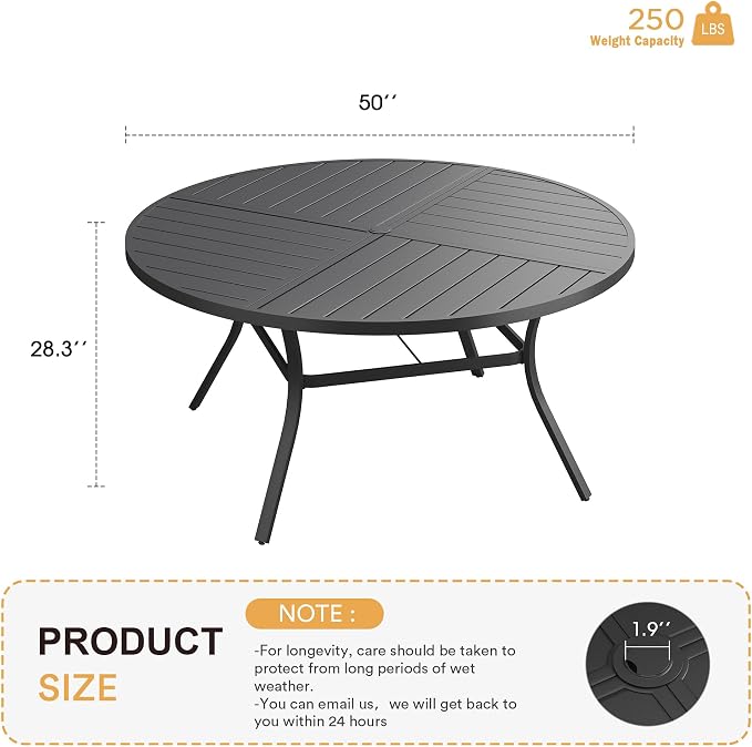 VICLLAX Round Patio Table with Adjustable Umbrella Hole for 6, All Weather 50" Metal Outdoor Dining Table for Lawn Garden, Black