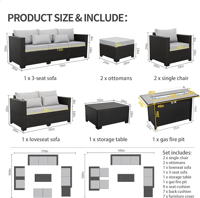 Rattaner 8 PCS Outdoor Furniture Sets 60000BTU 45-Inch Outdoor Propane Fire Pit Table Patio Furniture Set No-Slip Cushions and Waterproof Covers, Light Grey