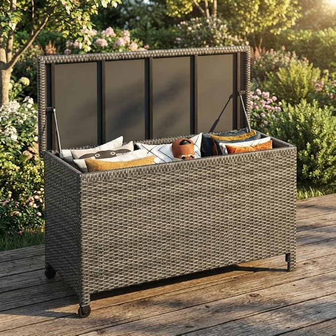GarveeLife Outdoor Wicker Storage Box, PE Rattan Patio Storage Chest with Steel Frame, Weather-Resistant Deck Storage Box for Cushions, Garden Tools & Pool Accessories – Brown Wicker
