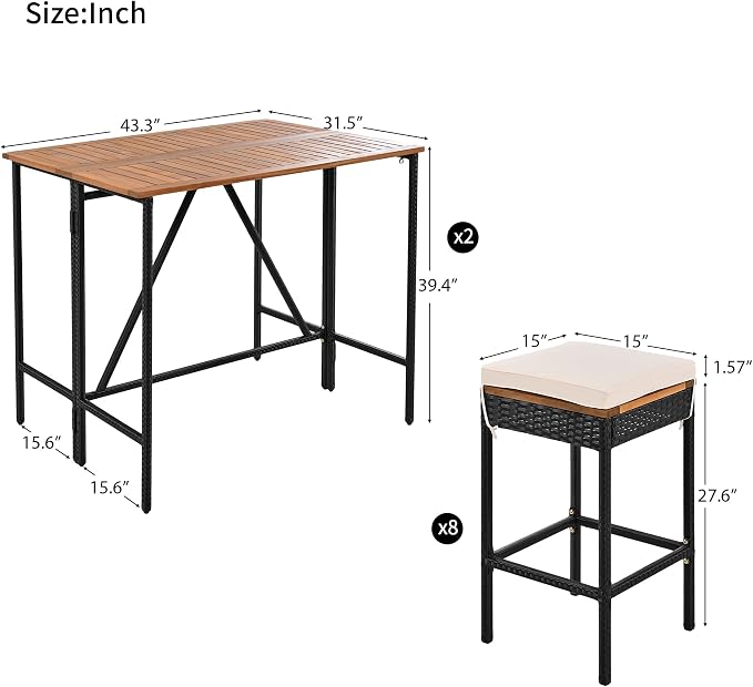 WILLIAMSPACE Patio Bar Table Set of 10, Outdoor Wood Height Bar Table & 8 Bar Stools with Cushions, PE Rattan Wicke Bar Table with Foldable Tabletop, Bistro Set for Backyards Porches (Brown)