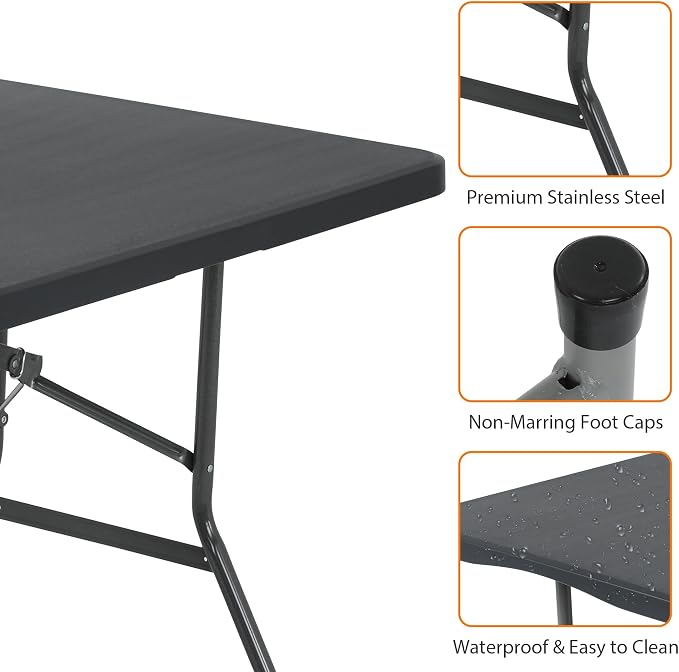 Black Folding Tables 6Ft Outdoor Dining Table, Portable Fold Up Lightweight Foldable Desk, 6 Foot Folding Desk Picnic Table Party Tables Camping Table, Plastic Beach Table Patio Outdoor Furniture