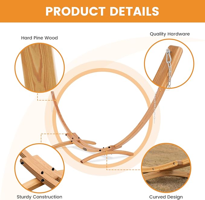 Lazy Daze Hammocks 2 Person Caribbean Rope Hammock with Wood Stand, 10.5FT Polyester Hammock with Spreader Bars, 13FT Heavy Duty Stand Combo, 450 LBS Capacity for Outdoor Backyard Garden Poolside, Tan