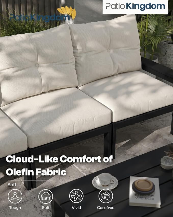 HDPE Patio Sofa Set, 4-Piece Sectional Outdoor Patio Furniture Set, All Weather Outdoor Couch Set with Coffee Table & Beige Washable Thick Cushions for Balcony, Porch(Black Frame)