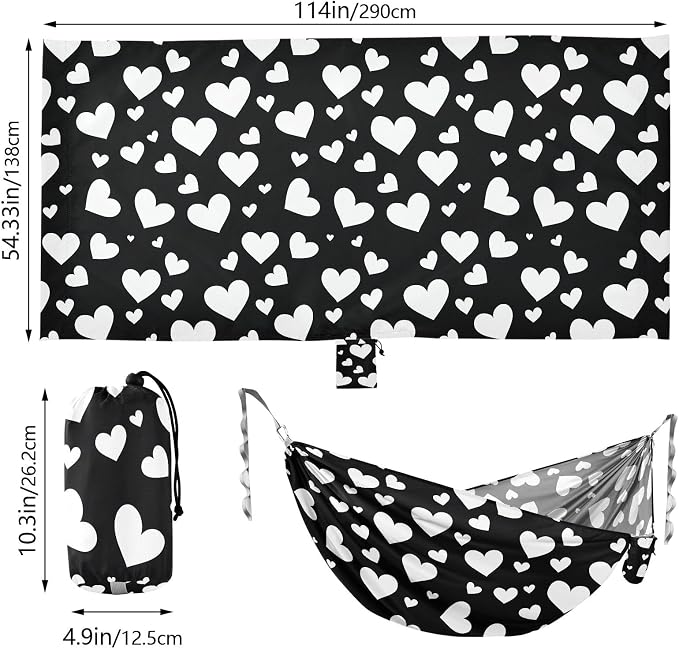 Camping Hammock Outdoor Hammocks for Outside White Heart Black Beach Trees Portable Lightweight with Pockets Tree Straps Indoor