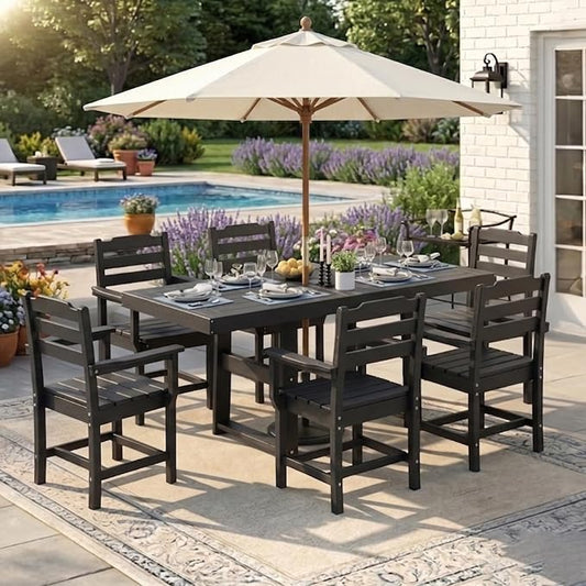 7 Piece Outdoor Dining Set All Weather HDPE Patio Table and Chairs Set for 6 with Umbrella Hole Outdoor Furniture for Deck, Backyard, Garden (Black)
