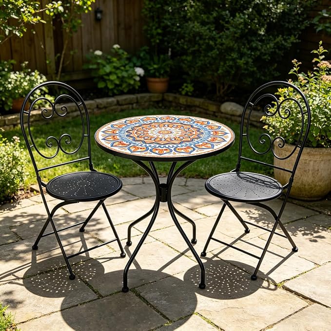 3 Piece Bistro Sets Mosaic Tile Round Table Folding Chairs Garden | Set of 3 Patio Furniture 23.6" Table and 2 Chairs Outdoor Bistro Chairs Artistic Table for Balcony Porch Apartment Backyard