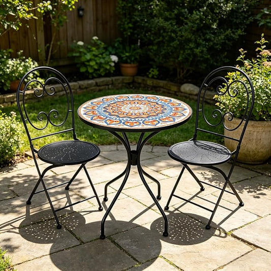 3 Piece Bistro Sets Mosaic Tile Round Table Folding Chairs Garden | Set of 3 Patio Furniture 23.6" Table and 2 Chairs Outdoor Bistro Chairs Artistic Table for Balcony Porch Apartment Backyard