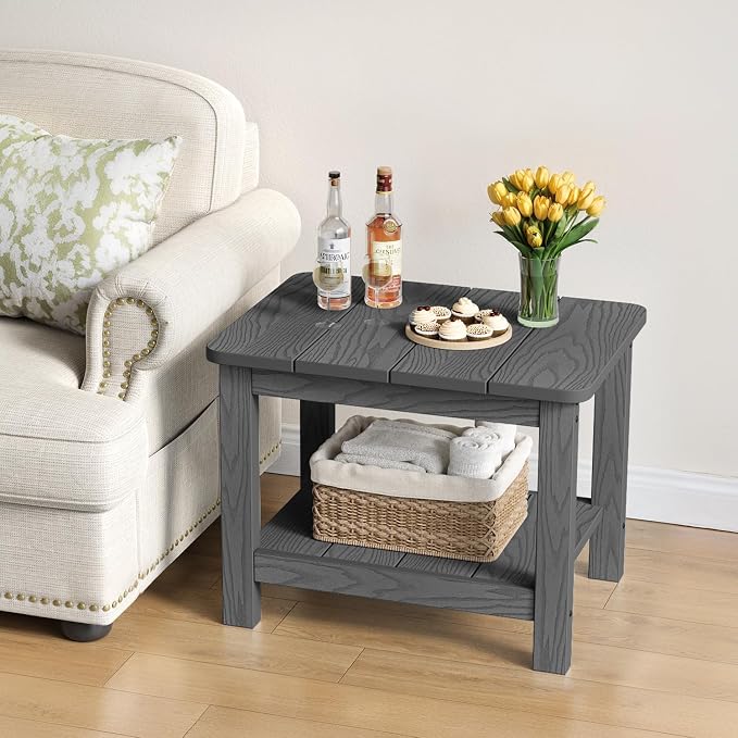 18" Outdoor Side Table, 2-Tier Patio Side Table, Weather Resistant, Easy Assembled, HIPS Adirondack Side Table for Backyard, Pool, Indoor (Gray)