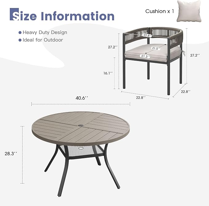 VICLLAX Patio Dining Set, 40.7" Grey Table & 4 Chairs with Wheat Cushion | Outdoor Table and Chairs Set of Round Metal Patio Table, Outdoor Dining Chairs with Metal Frame, Garden Deck Porch