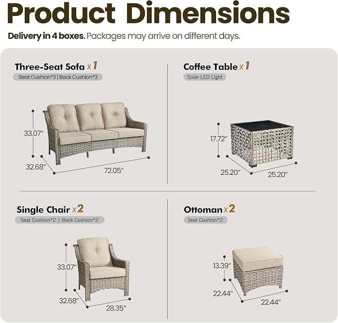 6 Piece Patio Furniture Set with Solar Lights Coffee Table, Outdoor Wicker High Back Sofa Chairs Ottomans with Cushions, All Weather Conversation Set for Backyard Porch Deck, Beige