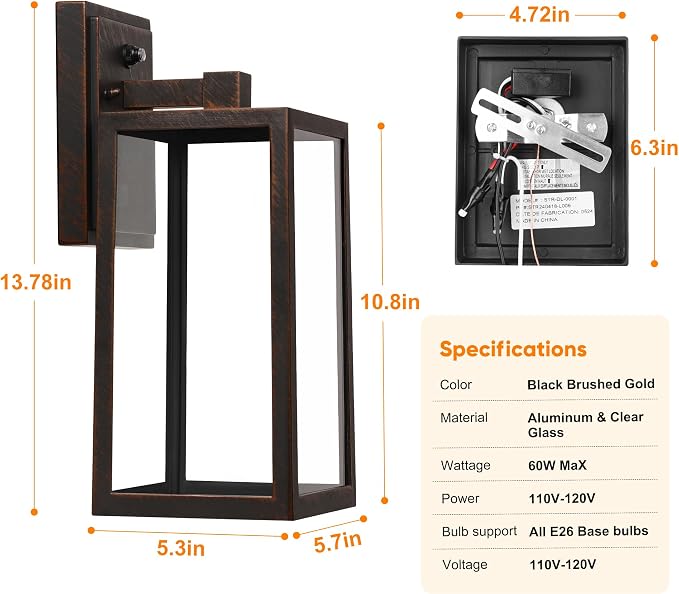 Dusk to Dawn Porch Light Fixtures, Black Brushed Gold Exterior Lighting Lamp, Sensor Wall Lantern, Waterproof Outdoor Wall Sconce for House Doorway, Garage 2 Pack