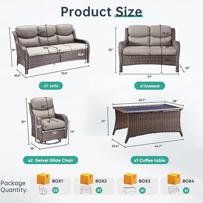 Outdoor Swivel Rocker Patio Chairs Set of 7 with 5" Thick Cushions ,7 Piece Furniture Set with Fire Pit Table All Weather Wicker Conversation Set for Porch Deck - Brown Wicker | Gery Cushions