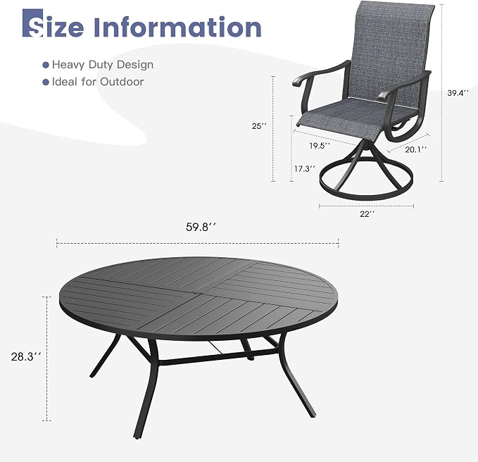 VICLLAX 9 Pieces Patio Dining Set, Patio Furniture Set of 8 Patio Swivel Dining Chairs and 60" Patio Spliced Round Tabletop, Dark Charcoal Chairs & Black Tabletop