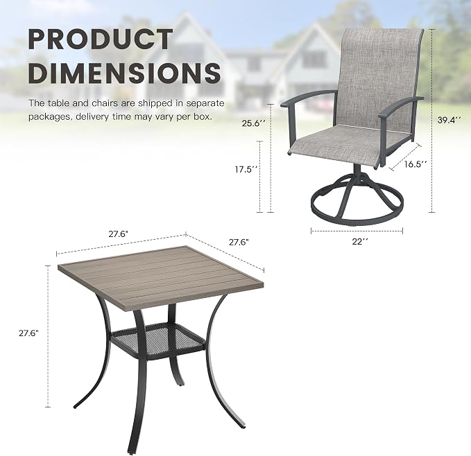 3 Pieces Small Patio Dining Set, Outdoor Furniture of 27.5" Square Small Patio Table and Patio Swivel Chairs for Backyard Lawn Garden, Grey Table and Grey Chairs