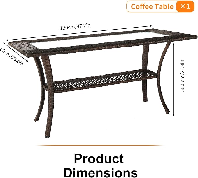 YLGJ&TIDY Outdoor Furniture 2PCS Set All-Weather Brown Wicker Patio Conversation Set 3 Seater Rattan Sofa Glass Coffee Table for Garden Backyard Porch Balcony w/Thick Cushions (Blue,2PCS Sofa/Table)