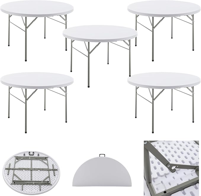 BTEXPERT Set of 5, White 4 Ft 48inch Round Plastic Folding Table Commercial Portable for Banquet Dining Wedding Party Events Home Kitchen Patio Backyard Indoor Outdoor