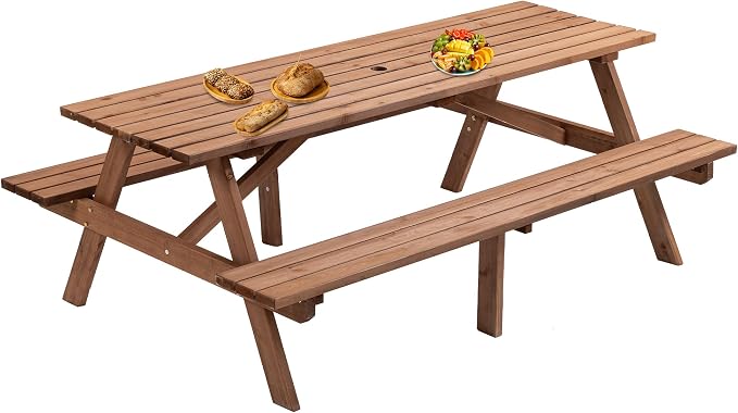 8 Person Wood Picnic Table, Rectangular Outdoor Wooden Picnic Table with 2 Built-in Benches, Umbrella Hole, Outside Table and Bench Set for Garden, Backyard, Porch, Patio, 2220lb Capacity - Brown