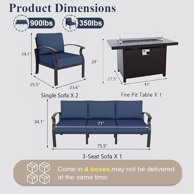 ALAULM Aluminum Patio Furniture Set with Propane Fire Pit Table 5-seat Metal Outdoor Furniture w/Fire Pit Sectional Sofas w/5.1" Cushions for Patio, Backyard, Poolside-DarkBlue