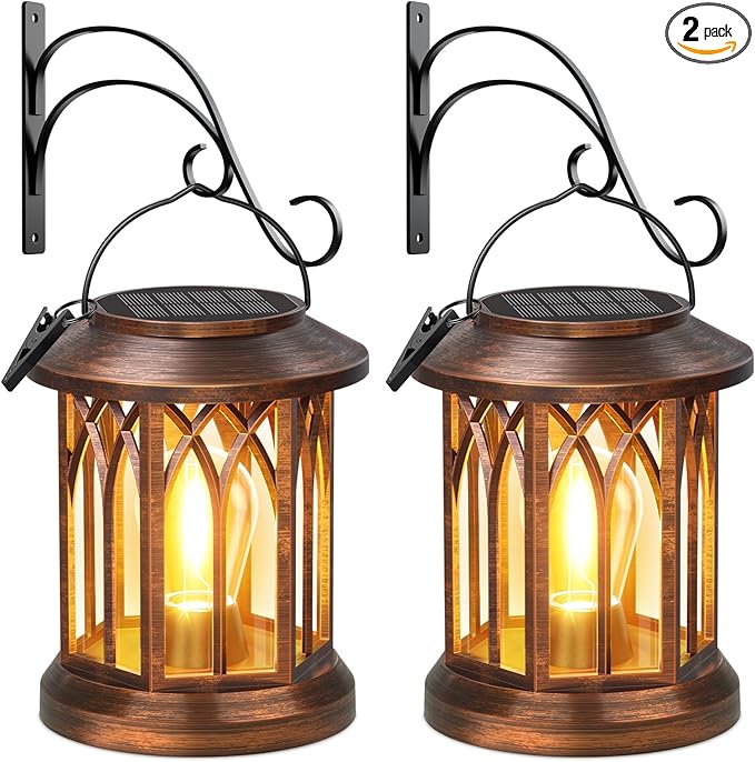 Solar Lanterns Outdoor Waterproof Lights 2 Pack, Built-in Hook Bright Lanterns Outdoor Light with Clip Garden Decor, Hanging Solar Lights for Yard Patio Front Porch Table Decoration (Copper)