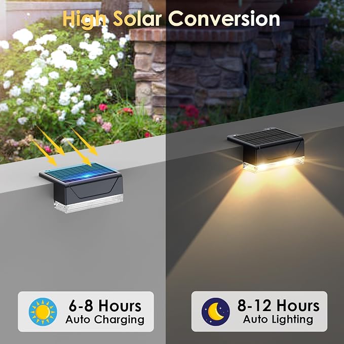 LIANGLOME Solar Fence Lights Outdoor - 3000/4000/6000K 3 Mode, IP65 Waterproof Solar Powered Fence Lights, Dusk to Dawn for Outside, Backyard/Step/Patio/Deck/Stair Railings and Wall (8 Pack)