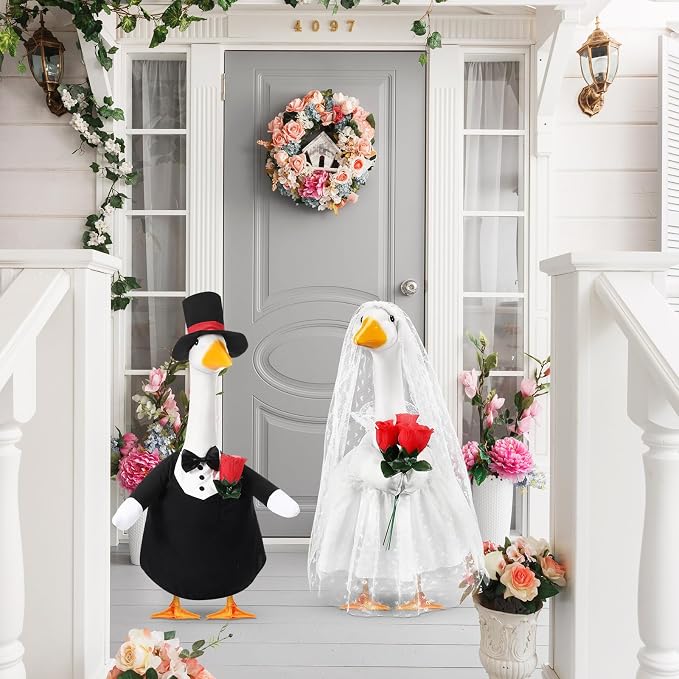 Geyoga 2 Sets Wedding Porch Goose Outfits for 23'' Goose Couple Bridegroom Suit Blazer Bride Wedding Dresses Couple Costume(Flower Style)