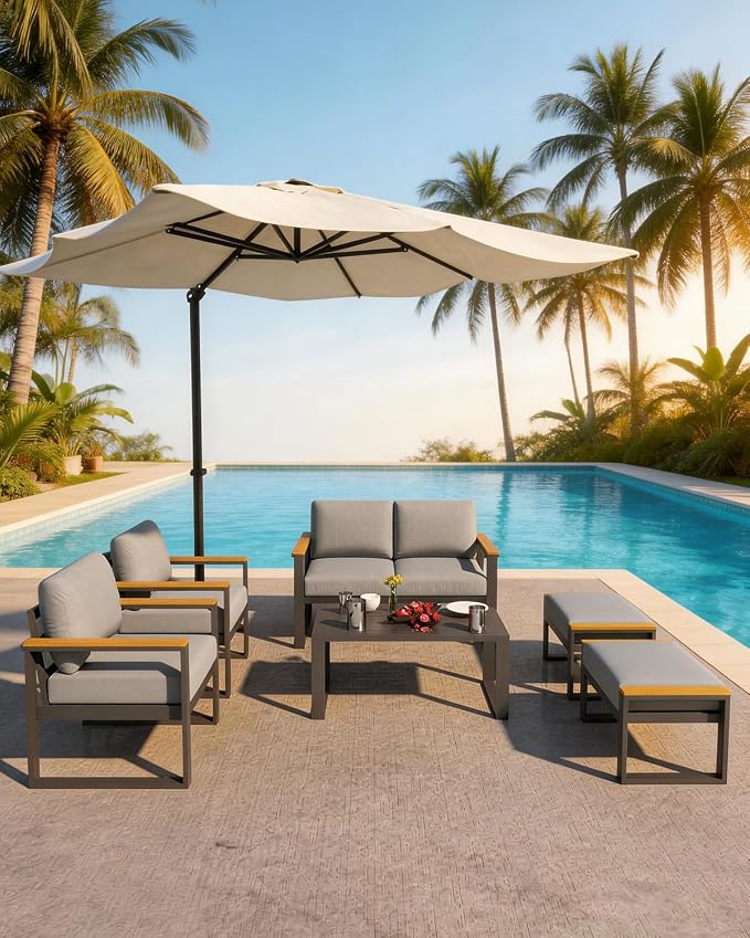 IDEALHOUSE Aluminum Outdoor Patio Furniture - 1 Pcs Loveseat and Coffee Table, All-Weather Metal Modern Outside Furniture with Washable Thick Cushion for Balcony, Garden, Deck, Backyard,Gray