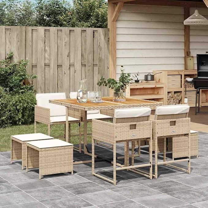 8-Seater Garden Dining Set, Foldable Cube Patio Furniture, Beige PE Rattan and Wood Outdoor Table and Chair Collection for Backyard