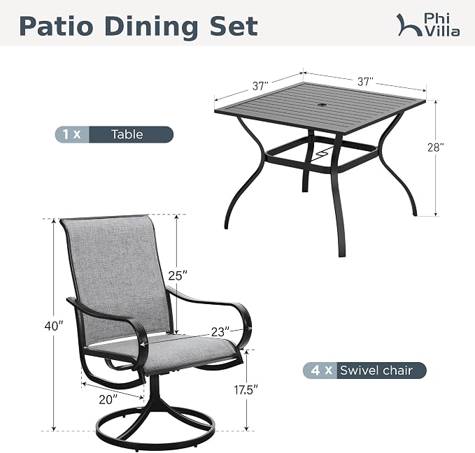 PHI VILLA 5 Pcs Patio Dining Set for 4, Swivel Mesh Chairs, Grey | 4 textilene dining chairs. 37" metal square table with umbrella hole, all weather E-coated metal frame for outdoor deck lawn