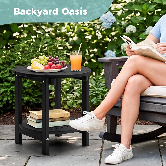 Outdoor Side Table, Adirondack Round 2-Tier Patio Table, Easy Maintenance & Weather Resistant, HDPE End Table for Backyard, Pool, Patio, Porch, Black