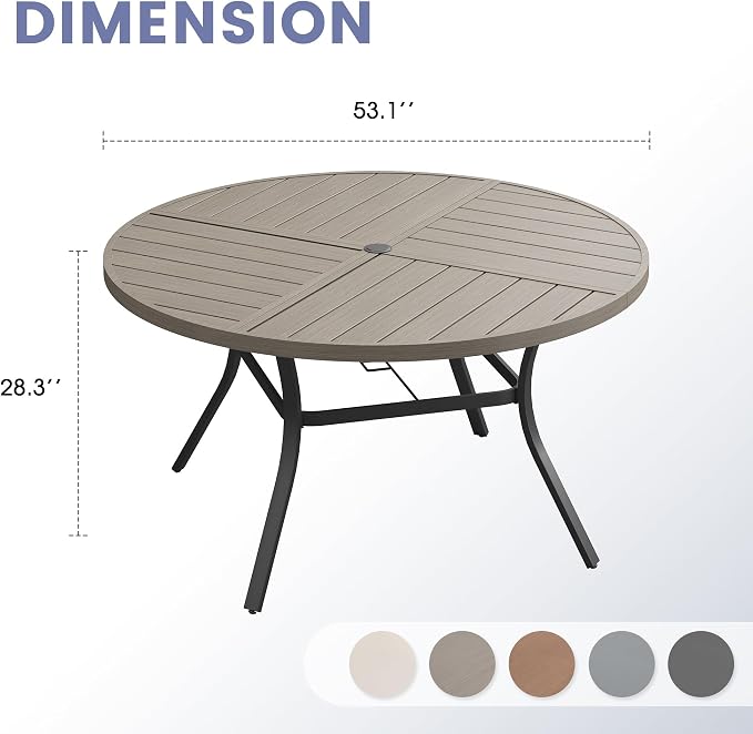 VICLLAX 53" Round Outdoor Table, Patio Dining Table for 8 with Umbrella Hole for Garden Lawn Deck Backyard, Antique Grey