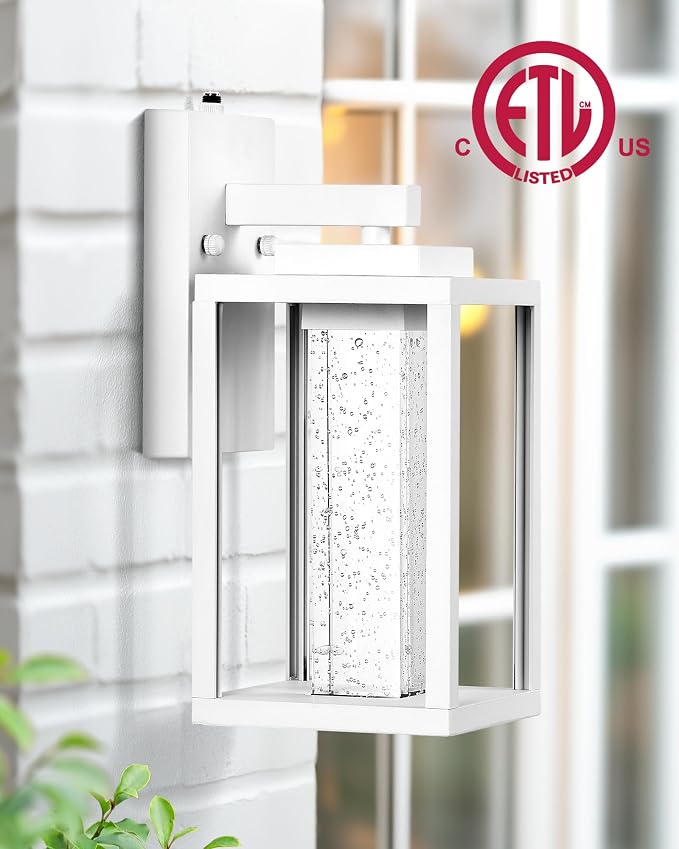 VIANIS White Outdoor Garage Lights Wall Mount, 2 Pack Dusk to Dawn Outdoor Coach Lights for House with Integrated 10W LED Light Source Crystal Bubble Glass, Modern Exterior Porch Light Wall Sconce