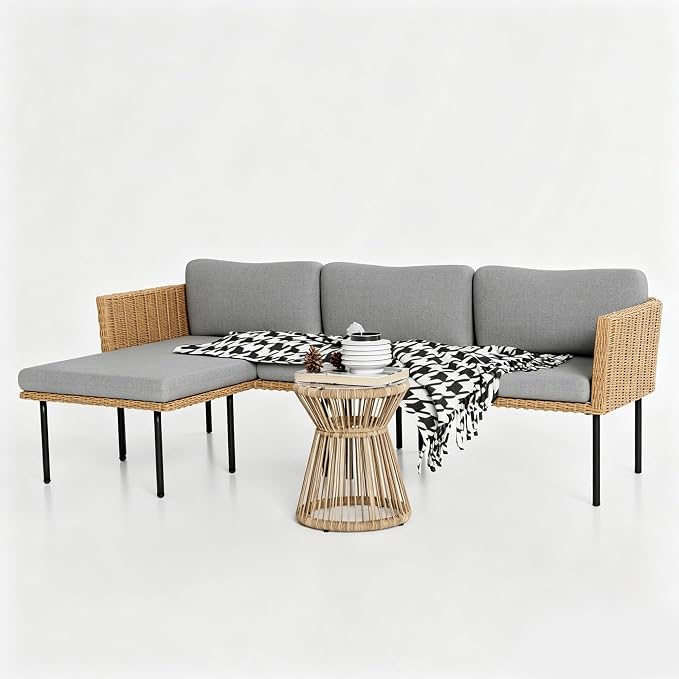 DECMICO 3-Piece Patio Furniture Set, L-Shaped Outdoor Sectional Sofa with Thick Cushions, All-Weather Rattan Conversation Set, Boho Style Detachable 3-Seater Lounger (Charcoal Grey)