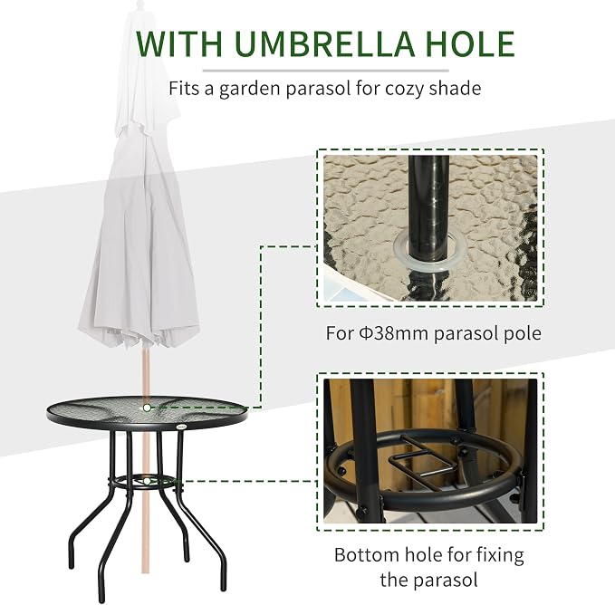 Outsunny 31.5" Round Outdoor Dining Table with Umbrella Hole, Patio Coffee End Side Bistro Table with Tempered Glass Top, Steel Frame for Backyard, Garden, Black