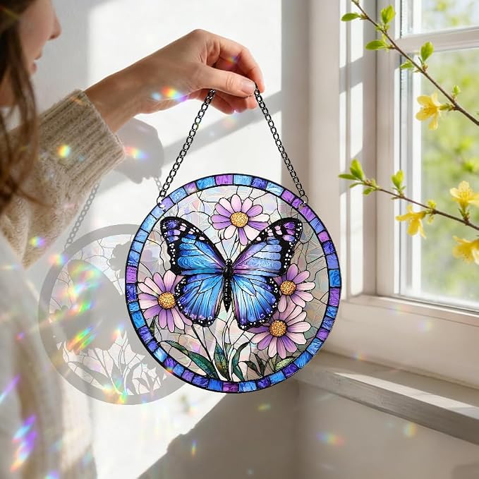 8 Inch Acrylic Window Hanging, Butterfly Flower Stained Glass Suncatcher, Window Decor, Plant Lover Gift for Women, Best Friend, Family, Colleague, Classmate (232)