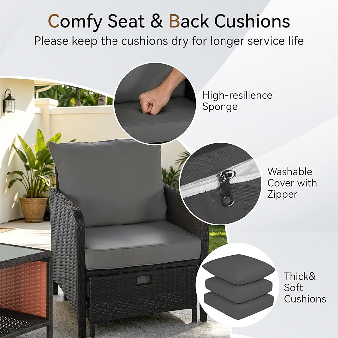 YLGJ&TIDY 5 Pieces Patio Furniture Set, Rattan Outdoor Lounge Chairs with Soft Cushions,Outdoor Wicker Patio Conversation Set with Hidden Ottoman and Coffee Table for Porch, Garden, Backyard (Gray)