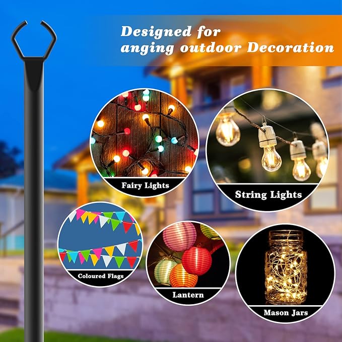 Mutovlin 6 Pack String Light Poles,10 Ft Light Poles for Outside String Lights,Outdoor Lights Pole with Fork,Metal Poles Stand for Patio Deck Backyard