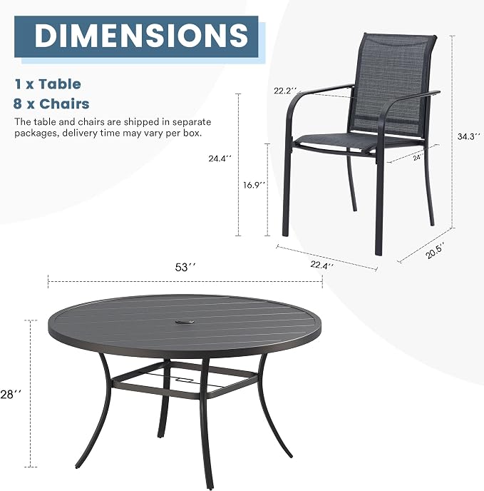 DIFY 9 Pieces Outdoor Patio Dining Set for 8, 53" Black Round Metal Dining Table and 8 Grey Stackable Textilene Patio Chairs, Outdoor Table and Chairs for Backyard Garden Poolside