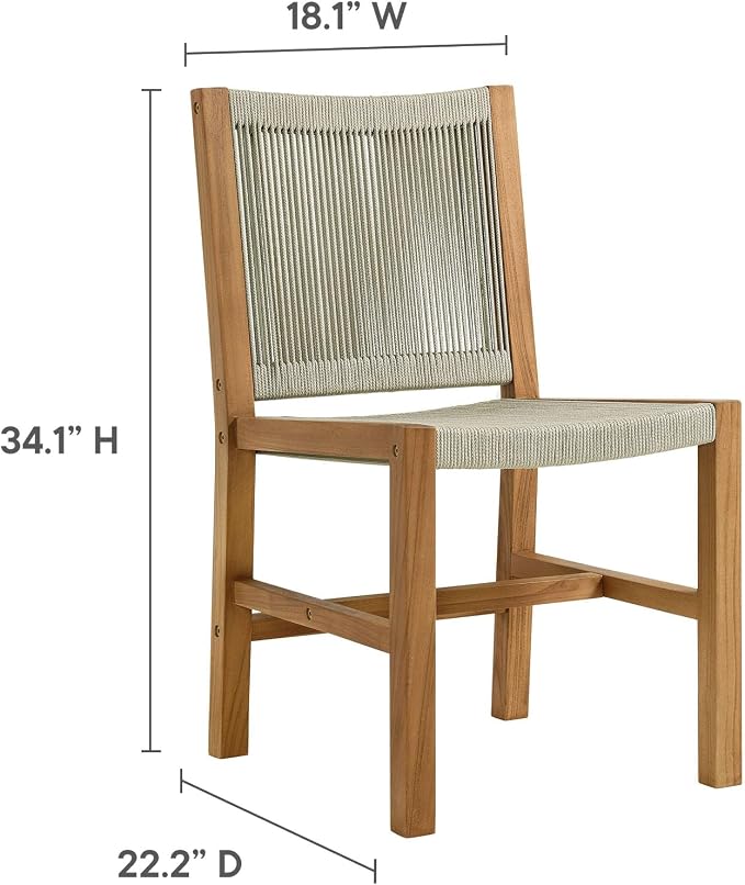 Modway Vienna Outdoor Patio Teak Wood 3-Piece Dining Set in Natural Natural – Weather-Resistant Square Dining Table with Woven Rope Armless Chairs – Bistro Set for 2 – Chair Patio Set with Table