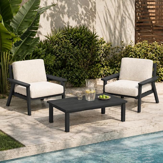 HDPE Outdoor Coffee Table, Weather-Resistant Rectangle Patio Coffee Table with Large Tabletop for Balcony, Deck, Garden, Poolside (Black)