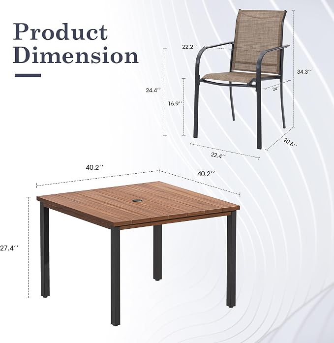 Patio Table and Chairs Set for 4, Outdoor Dining Set with 4 Stackable Dining Chairs and 40.2" x 40.2" Patio Square Dining Table for Backyard, Deck, Lawn, Garden, Brown & Walnut