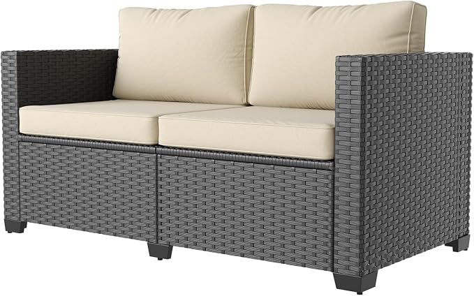 Aoxun 1 Piece Loveseats Patio Furniture Set, Wicker Rattan Outdoor Furniture Conversation Set with 4" Thick Cushions for Deck Yard and Poolside Beige