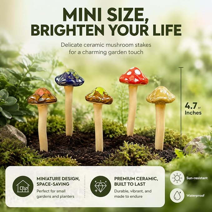 5 Pcs Ceramic Mushrooms for Garden Decor, Outdoor Fairy Garden, Yard | 4.7" Tall Pottery Mushroom Statues, Colorful Outside Ornaments for Lawn, Patio, Indoor Plant Flower Pots