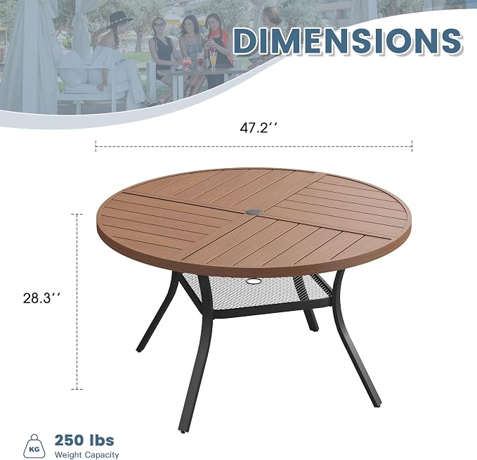 DIFY 47.2" Round Outdoor Patio Dining Table for 6, Metal Patio Table with 1.57" Adjustable Umbrella Hole, All-Weather Outdoor Furniture Table for Garden Backyard Deck, Walnut