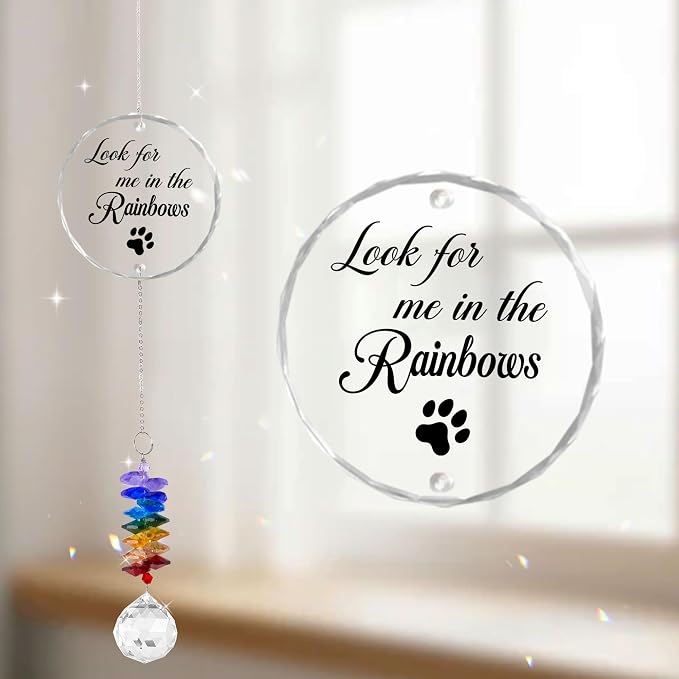 Pet Memorial Suncatcher Look for me in the Rainbows - Dog Memorial Gifts - Pet Loss - Thoughtful Dogs and Cats Remembrance - Pet Sympathy - Crystal Bereavement Gift