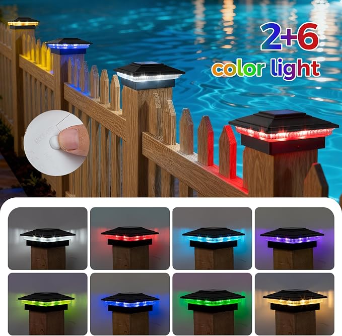 Solar Post Cap Lights Outdoor 16pack, Waterproof Fence Post Lights for 4x4 5x5 6x6 Wood/Vinyl Posts, Black Solar Deck Post Lights with 8 Color Modes Decorate Garden Patio Porch Backyard