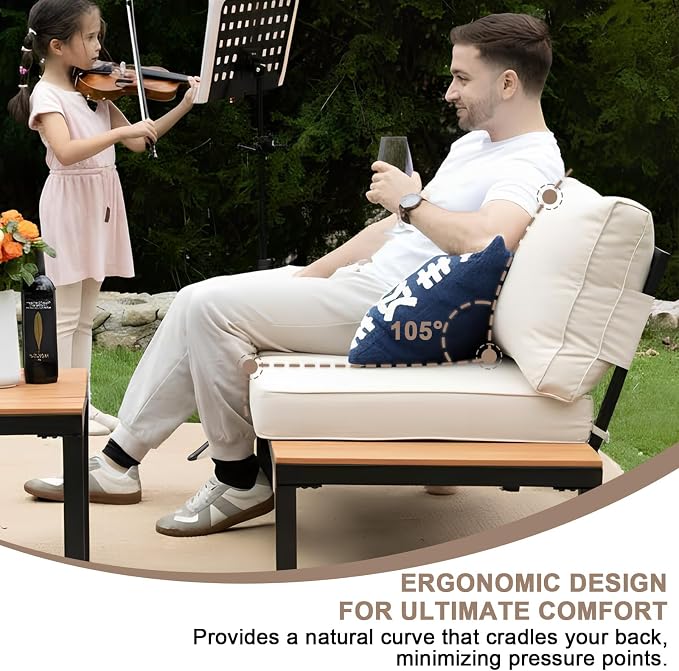 5-Person Outdoor Patio Furniture Set, Durable Metal Frame Outdoor Sectional with Wood-Look Table & Waterproof Cushions, All-Weather Conversation Set for Garden, Balcony, Poolside-Beige